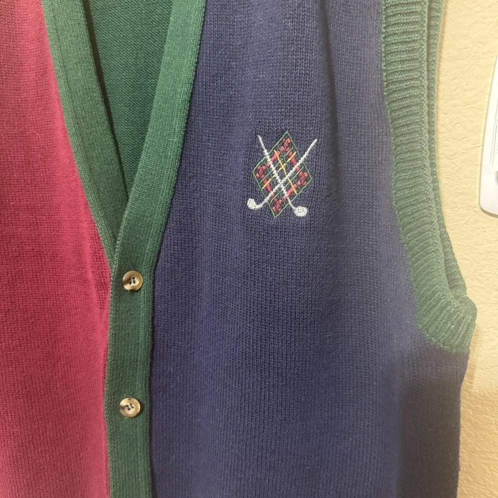 Vintage Cypress Links Golf Vest Mens XL Colorblock Cotton Cardigan Knit USA Made